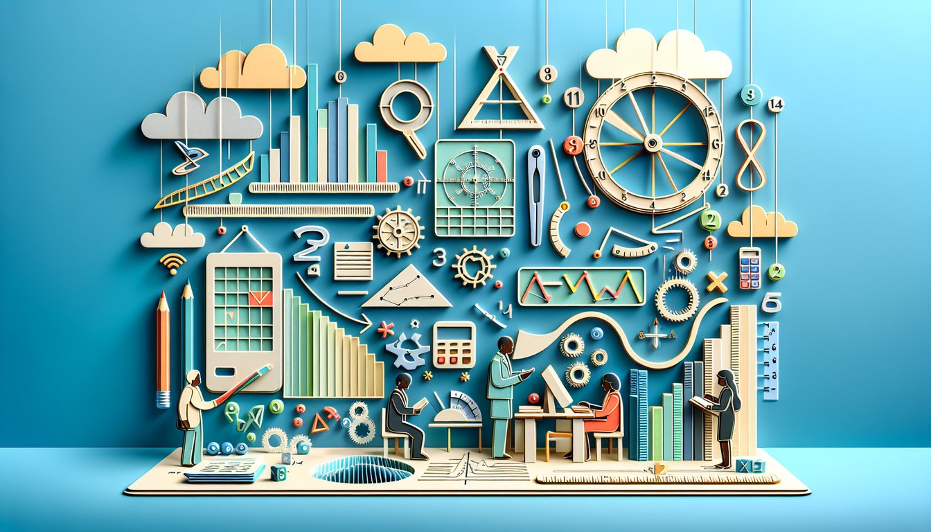 Paper art illustration for adult math quiz on a sky blue background.