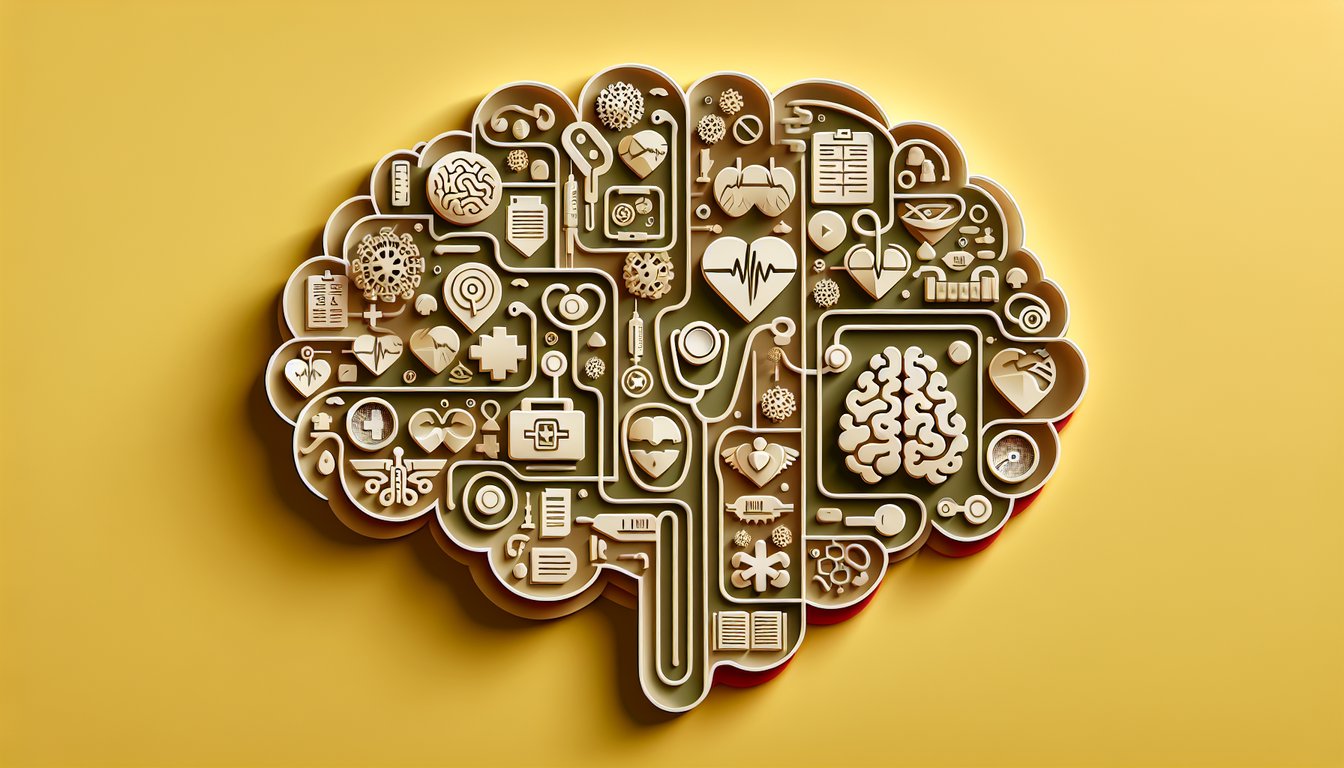 Paper art medical icons stethoscope syringe pills and scored quiz text on golden yellow background