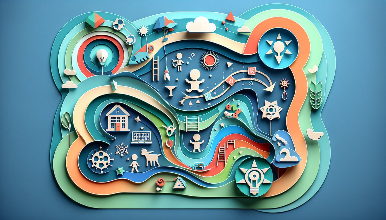 Teal background with paper cutout child, books, brain icon and colorful blocks representing developmental psychology quiz