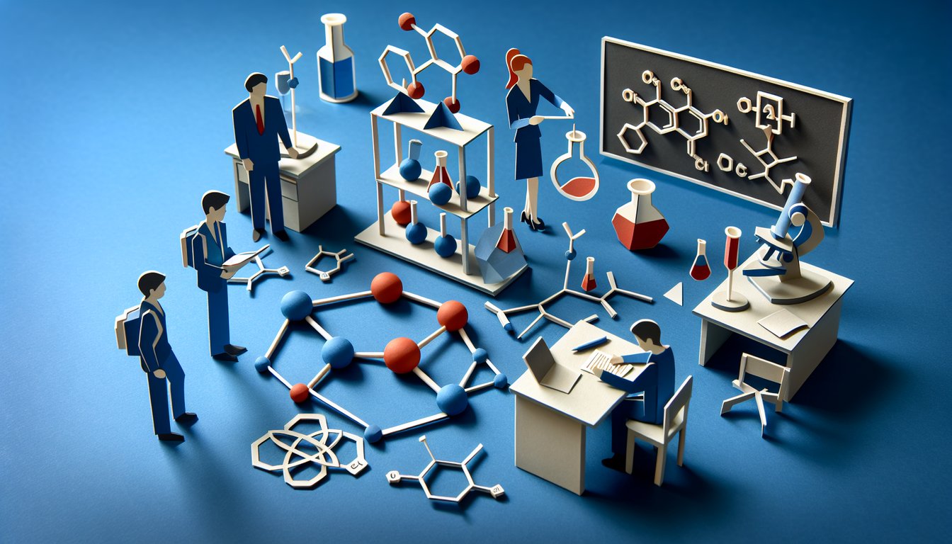Paper art depicting a trivia quiz on molecular geometry for high school chemistry students.