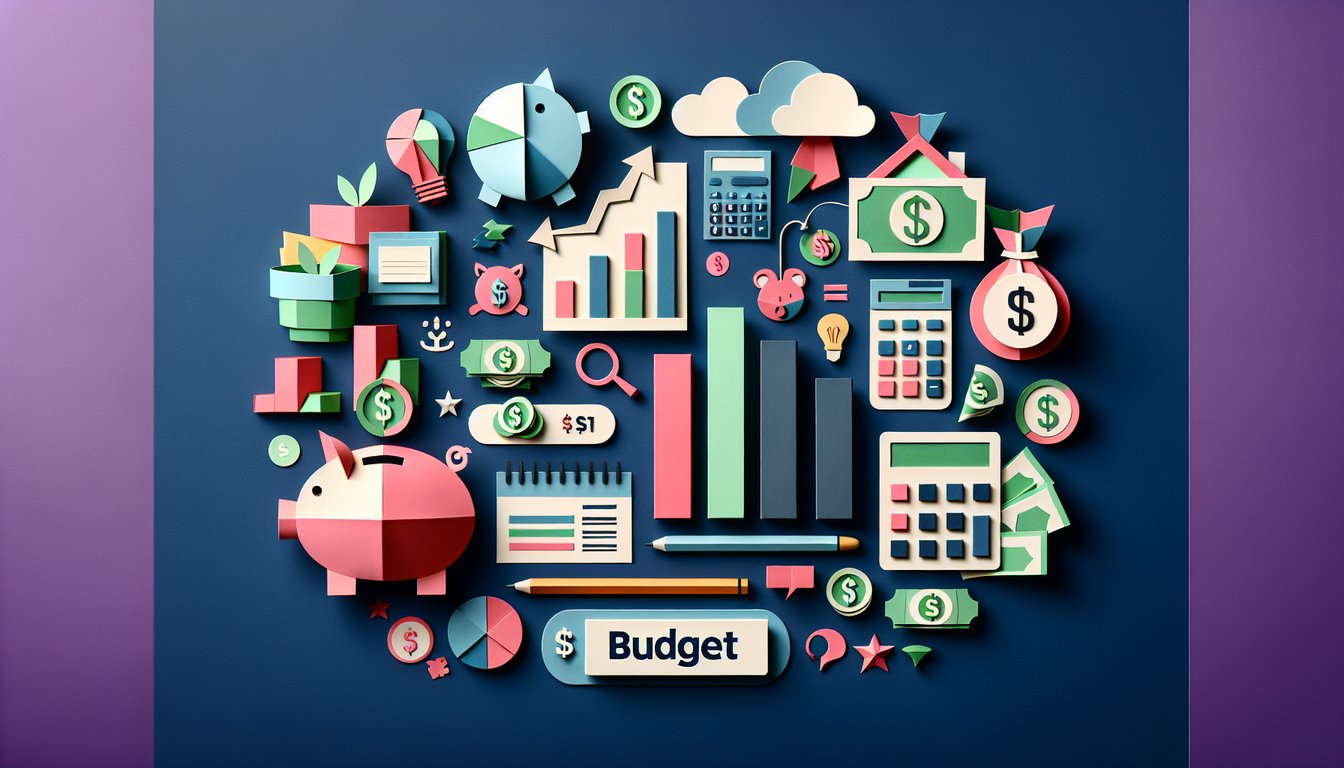 Colorful paper art promoting a trivia quiz on budgeting for high school students.