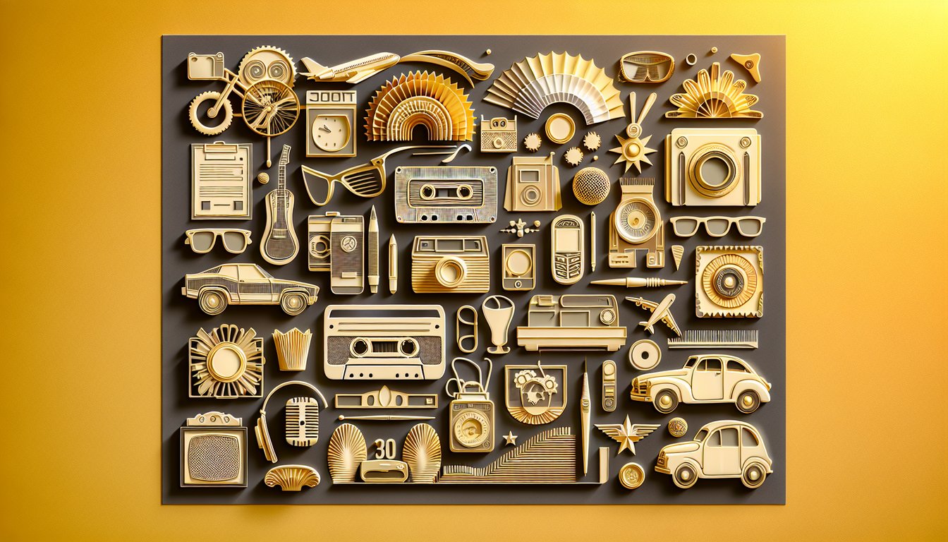 Paper art collage of retro vinyl record cassette boombox camera on golden yellow background for decade quiz