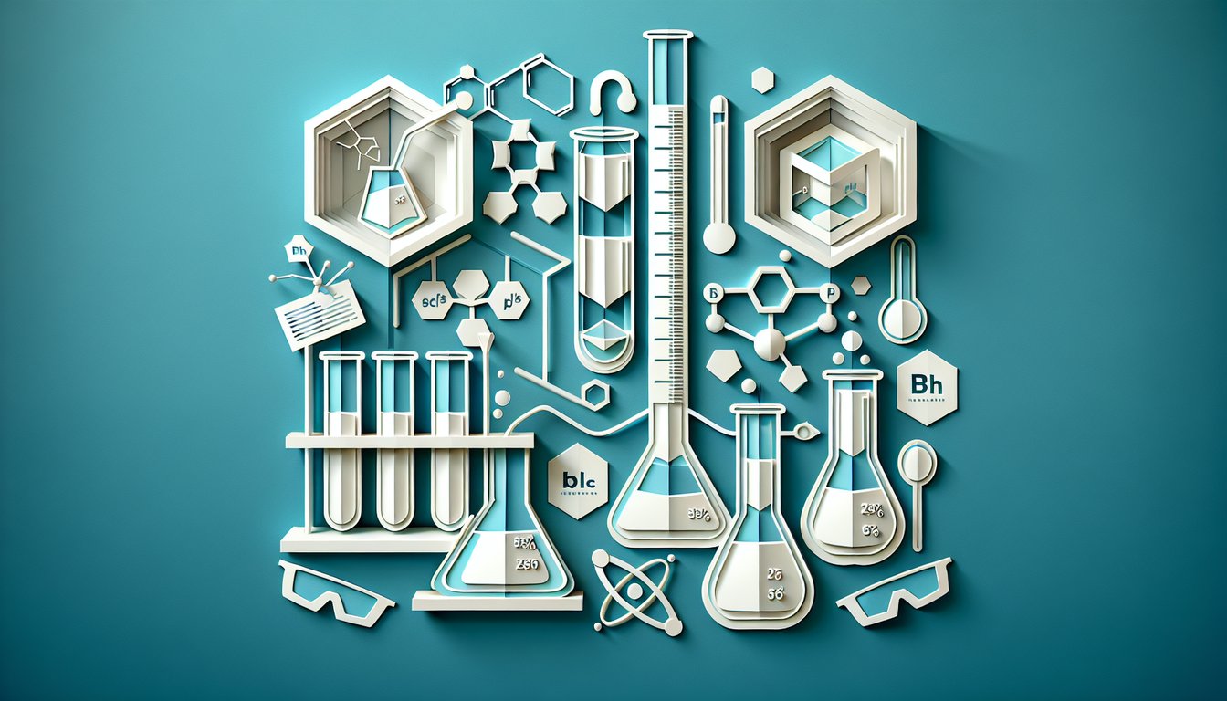 Paper art illustration of flasks test tubes and a ph scale with red acidic and blue basic sections on a teal background.