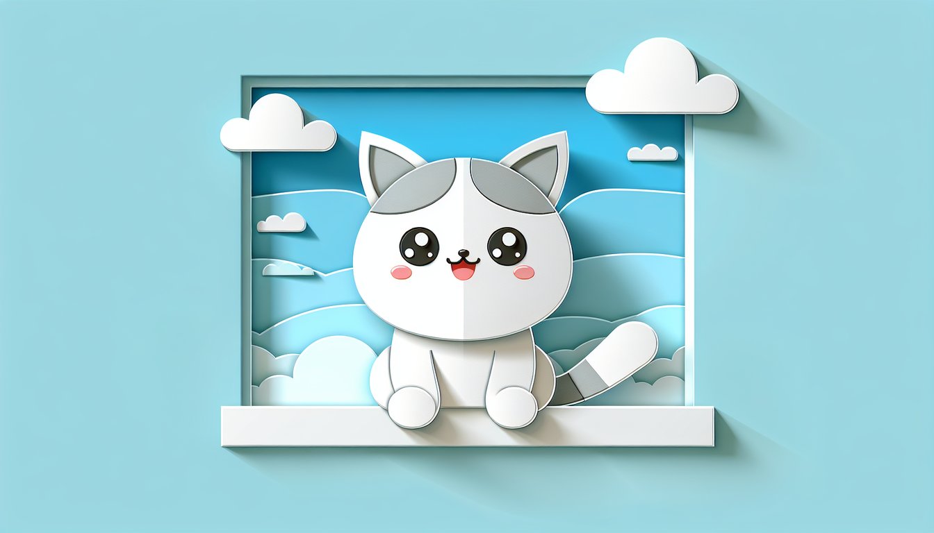 Paper art illustration of Nermal cat face with gender trivia quiz prompt on sky blue background