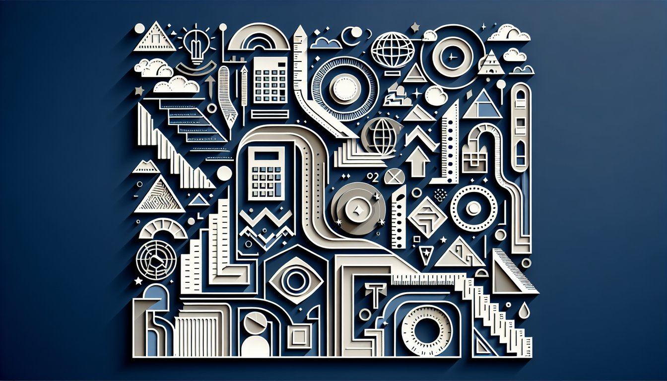 Paper art cutout geometric shapes rulers and lines on dark blue background for a perimeter quiz challenge