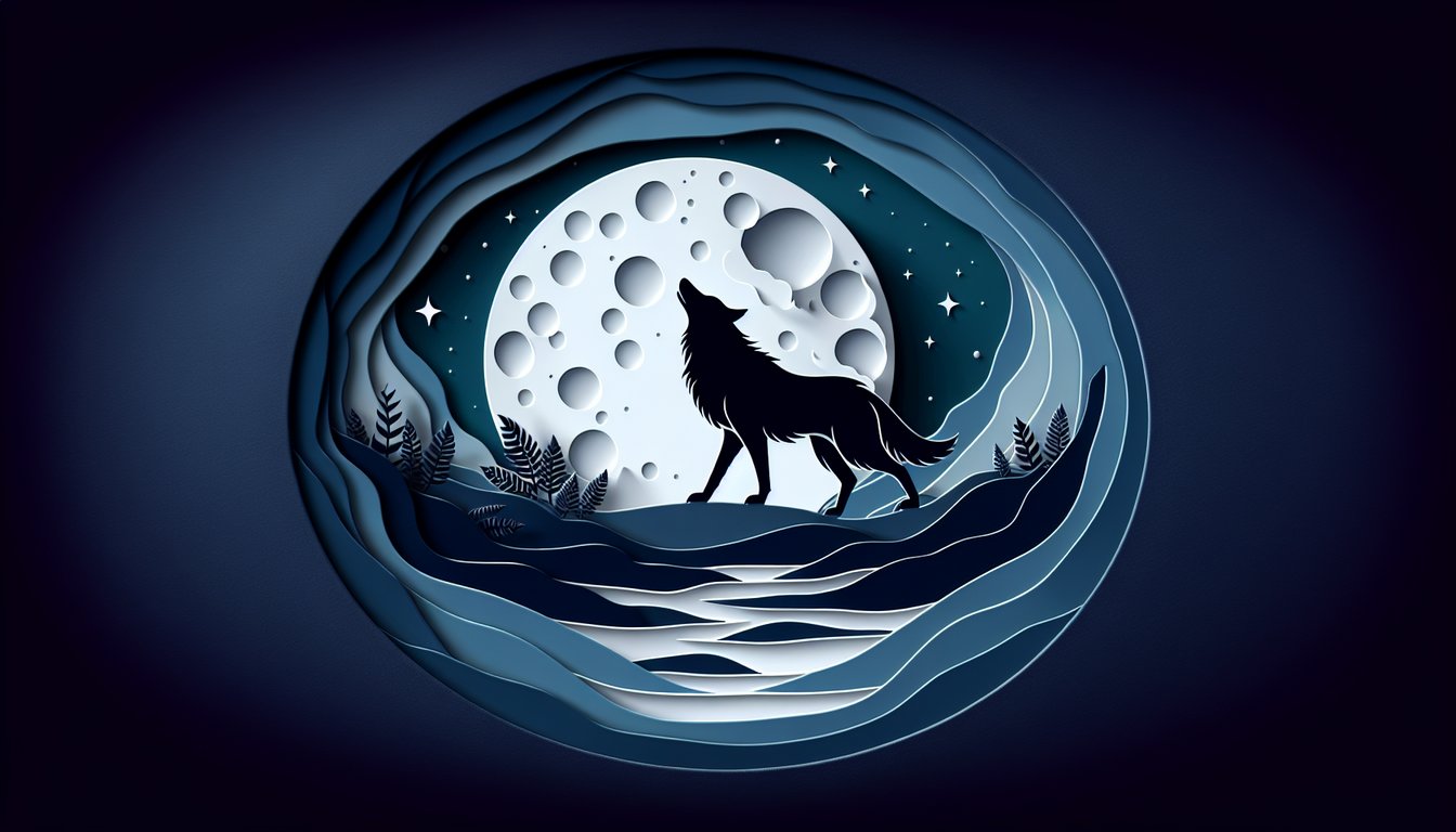 Paper art illustration for a wolf name quiz on a dark blue background