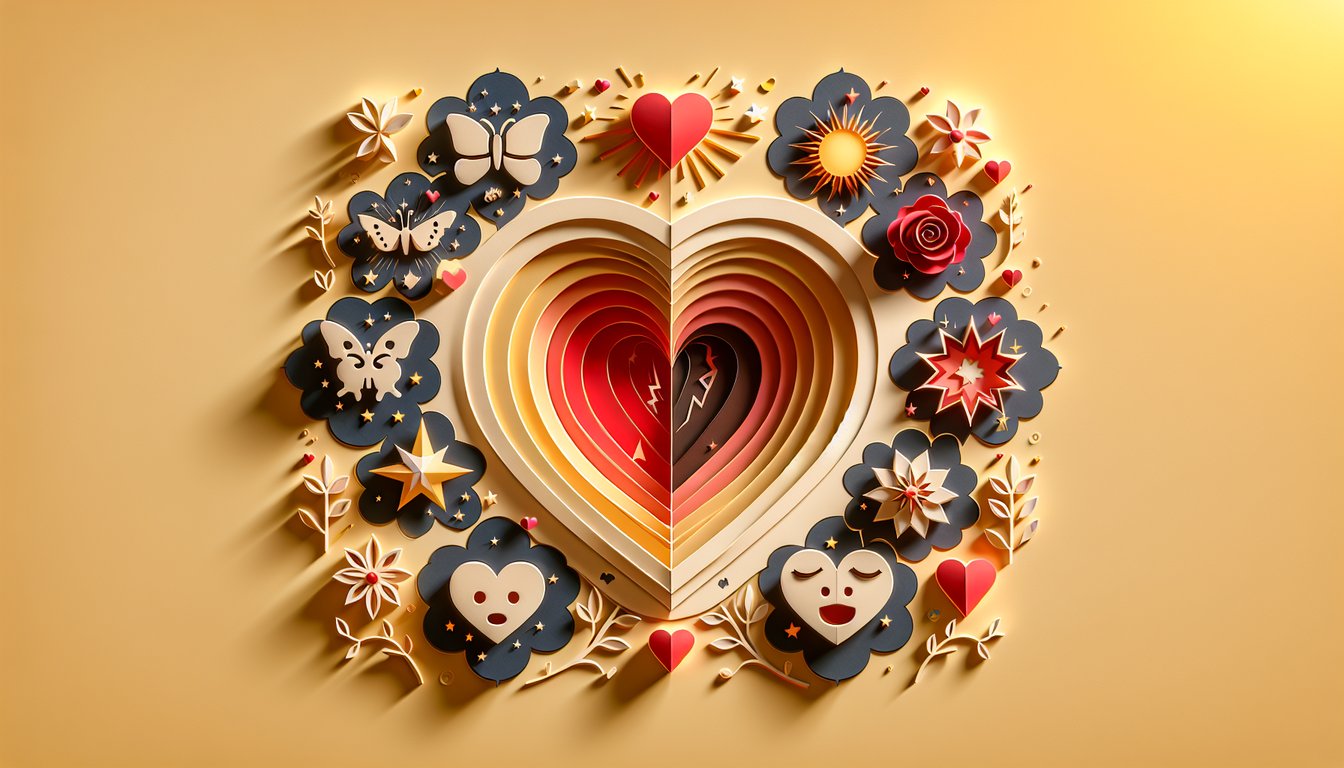 Paper art illustration for Do I Love Her quiz exploring emotions on a golden yellow background