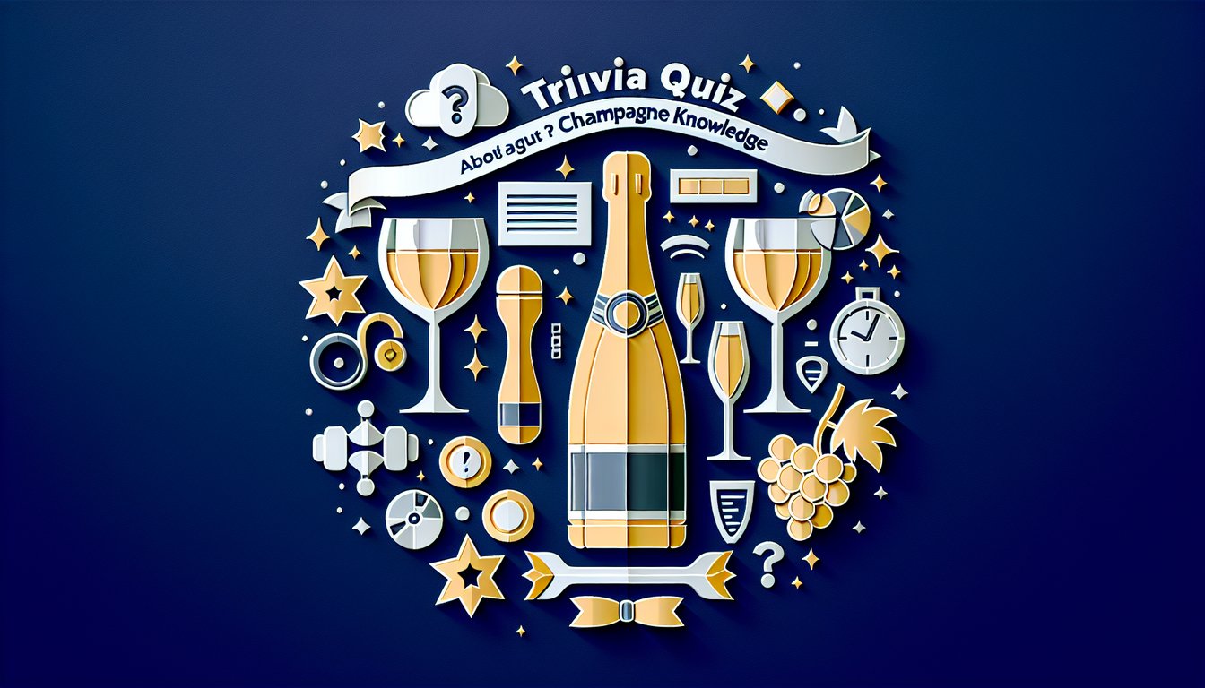 Colorful paper art depicting champagne bottles, glasses, and bubbles for a knowledge quiz.