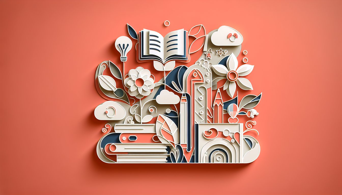 Paper art open book and magnifying glass on coral background for Hiset reading practice quiz