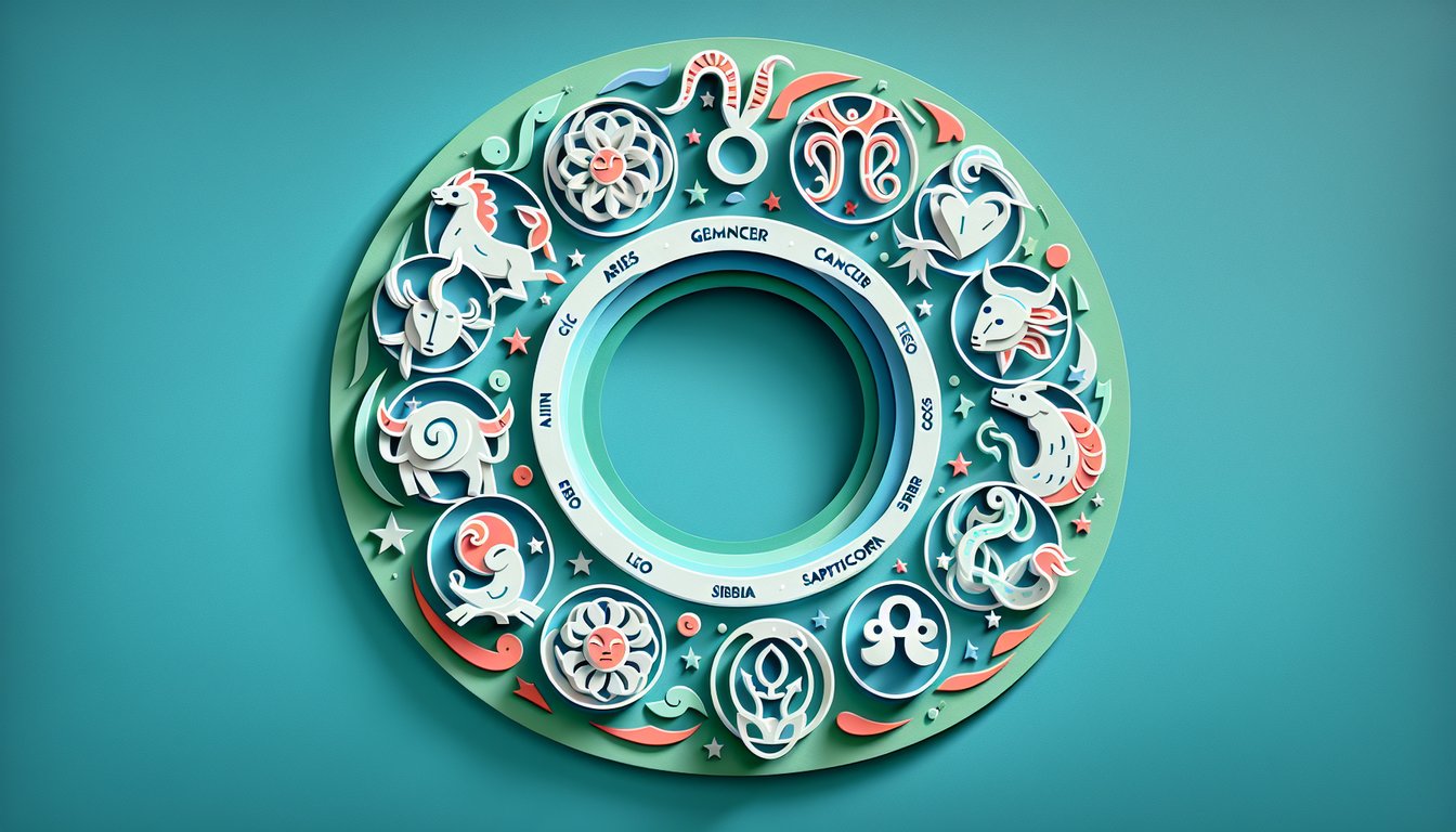 Paper art zodiac symbols and celebrity silhouettes on teal background for a star sign personality quiz