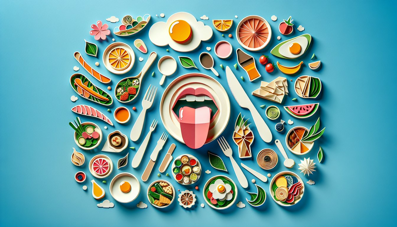 Paper art quiz banner with cutout fruits vegetables utensils and question marks on sky blue background.