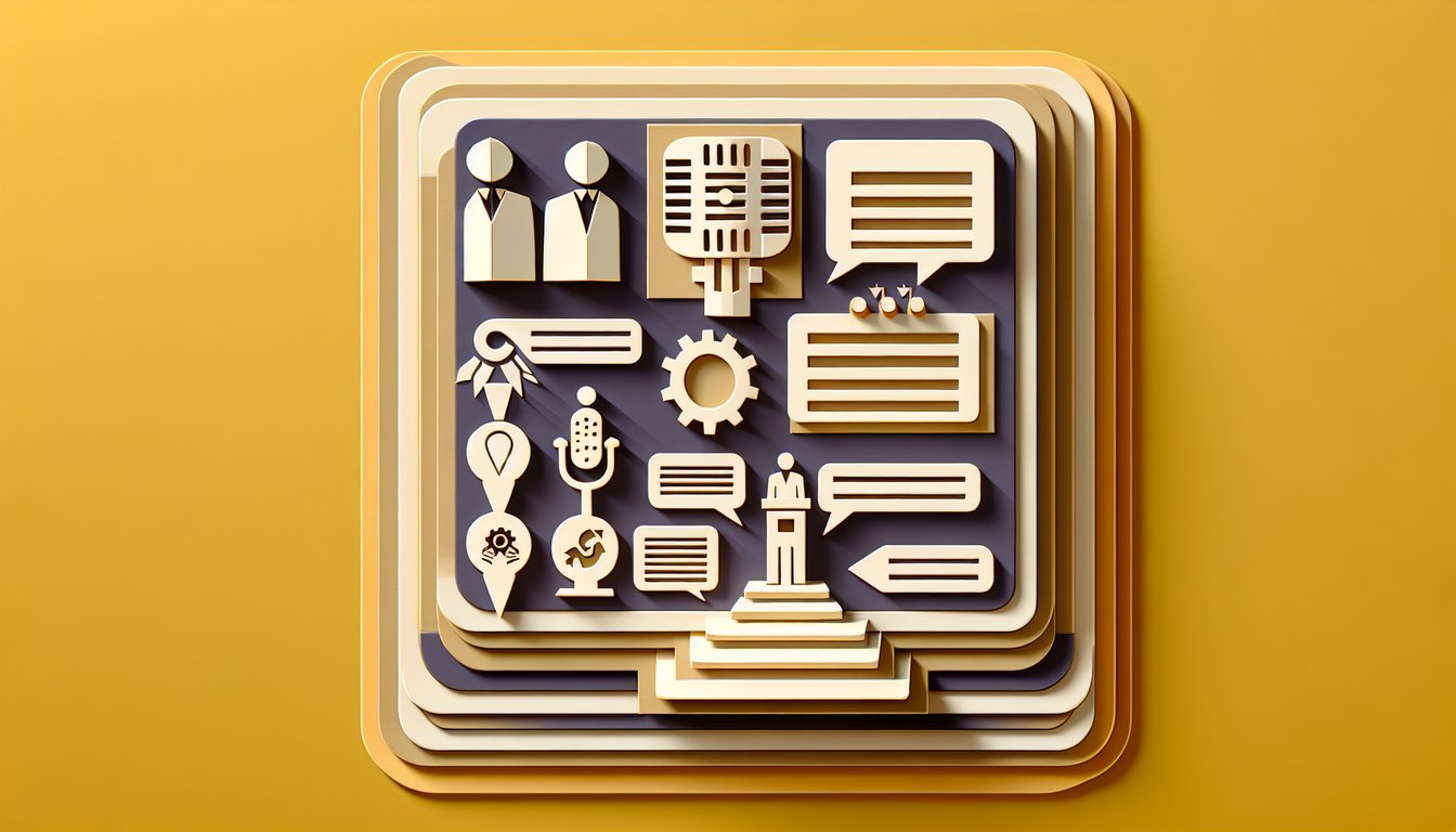 Paper art showing layered cutouts and quiz challenge on arranging speeches in topical order on golden yellow background.