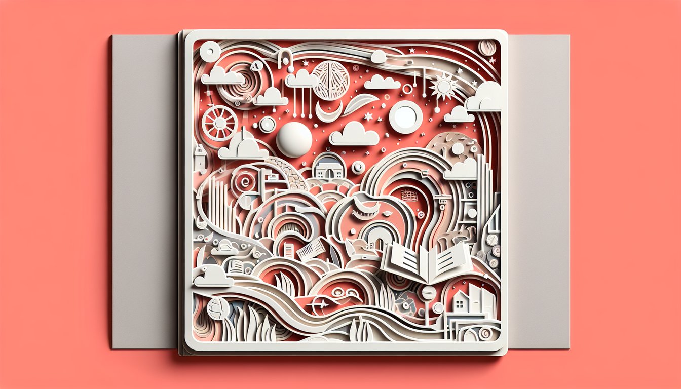 Paper art open book with floating letters on coral background, quiz titled My Life in a Book
