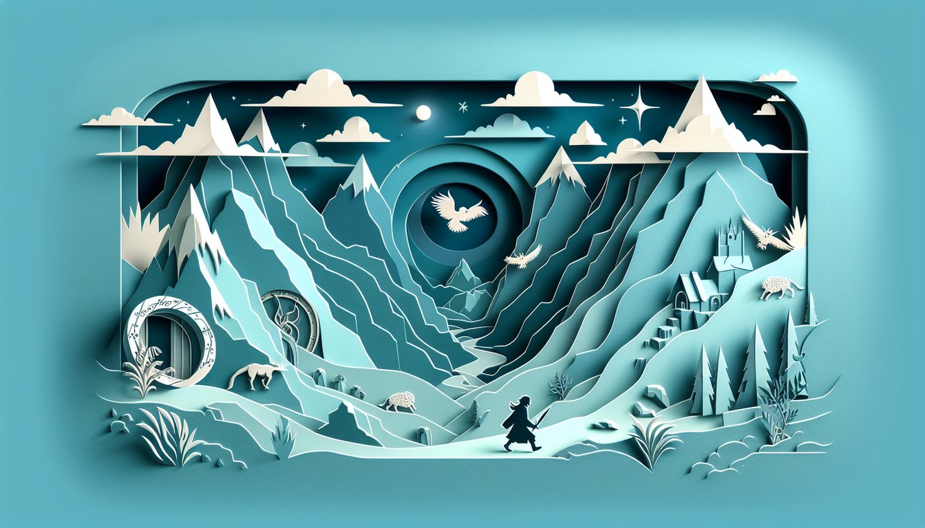 Paper art illustration of open book ring map compass on teal background inviting hobbit quiz challenge