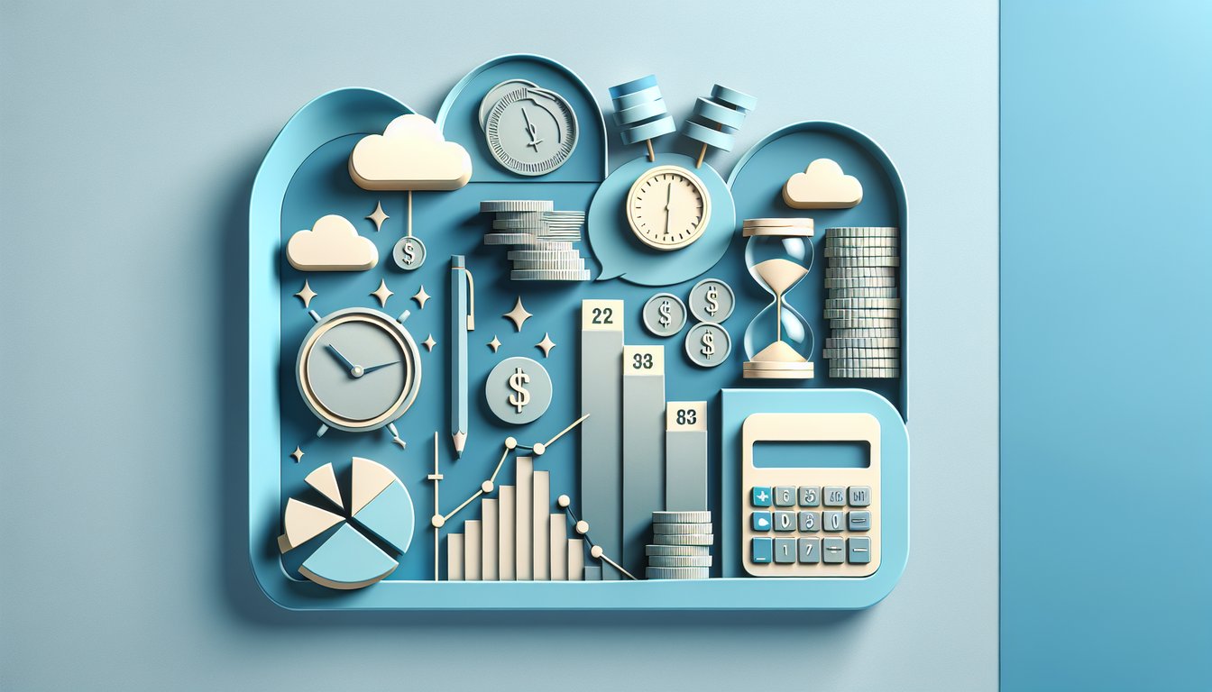 Paper art illustration of calculator coins chart and puzzle pieces on sky blue background for project cost management quiz