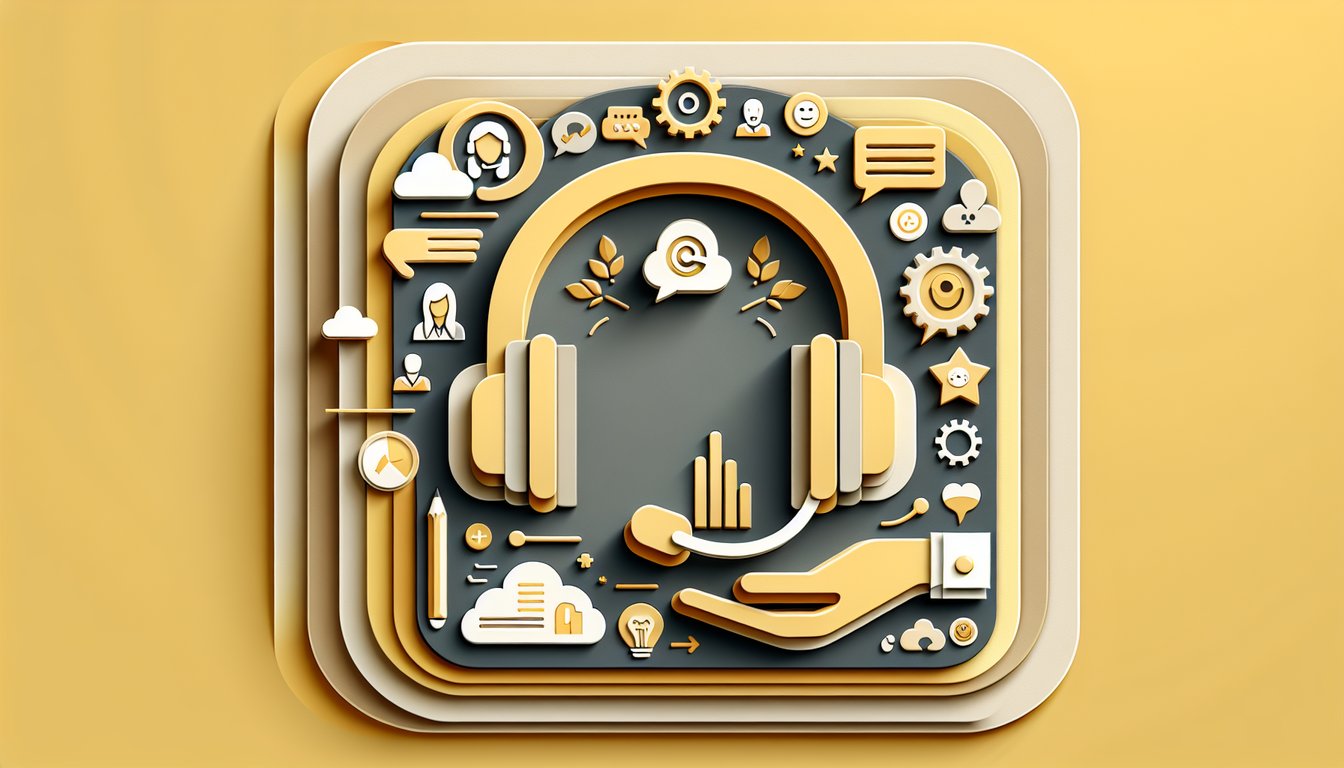 Paper art quiz header on golden yellow background, with customer service icons and milestone elements.