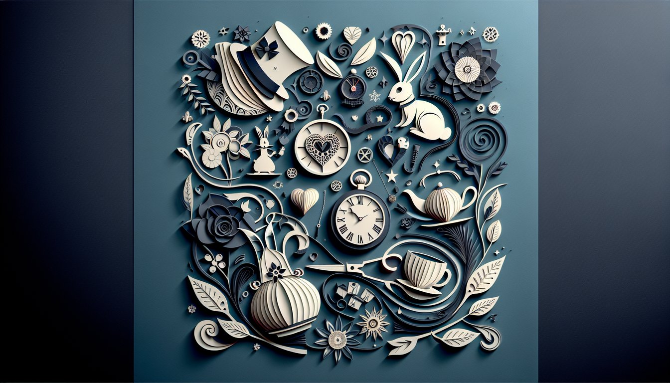 Paper art illustration featuring Alice in Wonderland characters and symbols on dark blue background for personality quiz