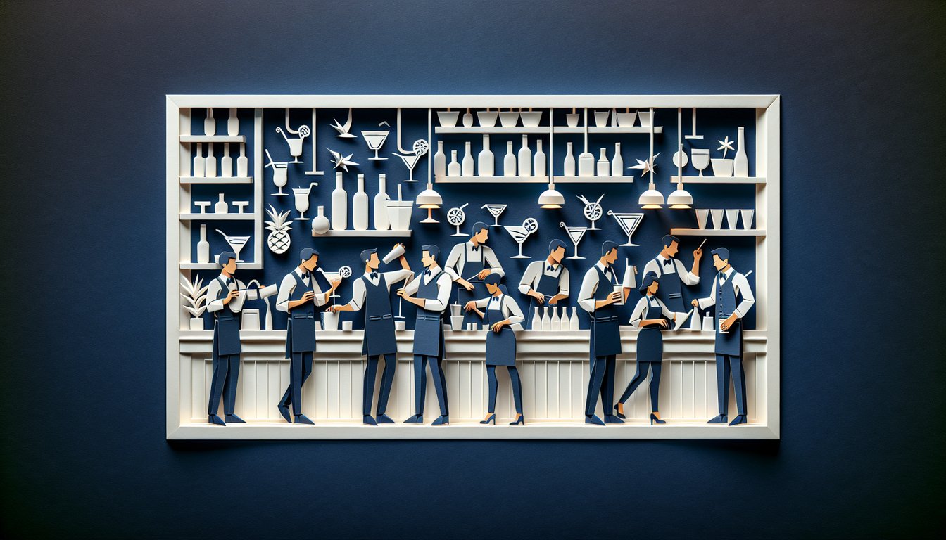 Paper art promoting Bartender Bootcamp Quiz for aspiring mixologists and hospitality students.