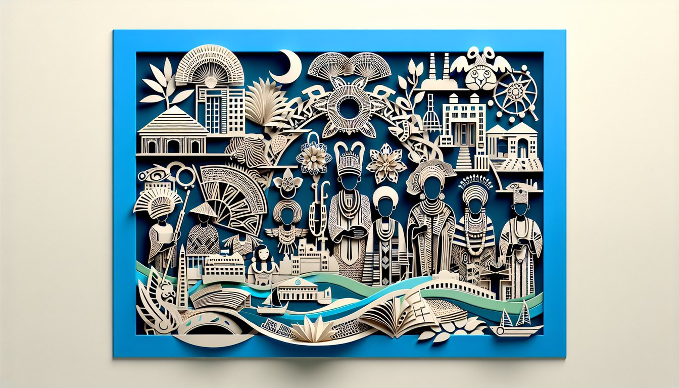Colorful paper art collage of Nigerian cultural symbols masks drums fabrics on sky blue background