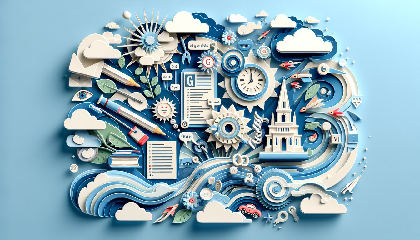 Paper art of stacked sheets punctuation marks on a sky blue background with text about a free class 7 English grammar quiz
