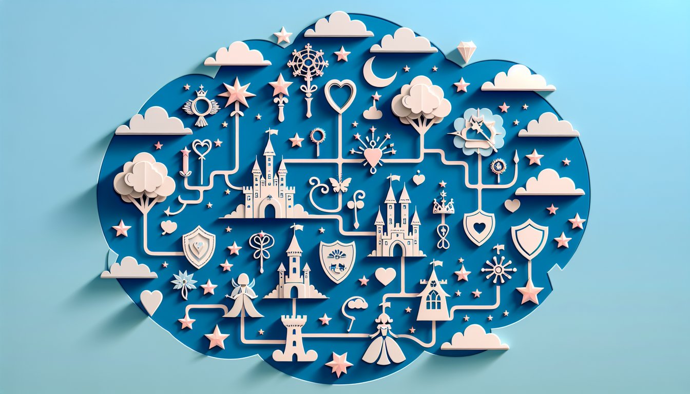 Paper art illustration for family tree quiz shows fairy tale characters branching from storybook roots on sky blue background