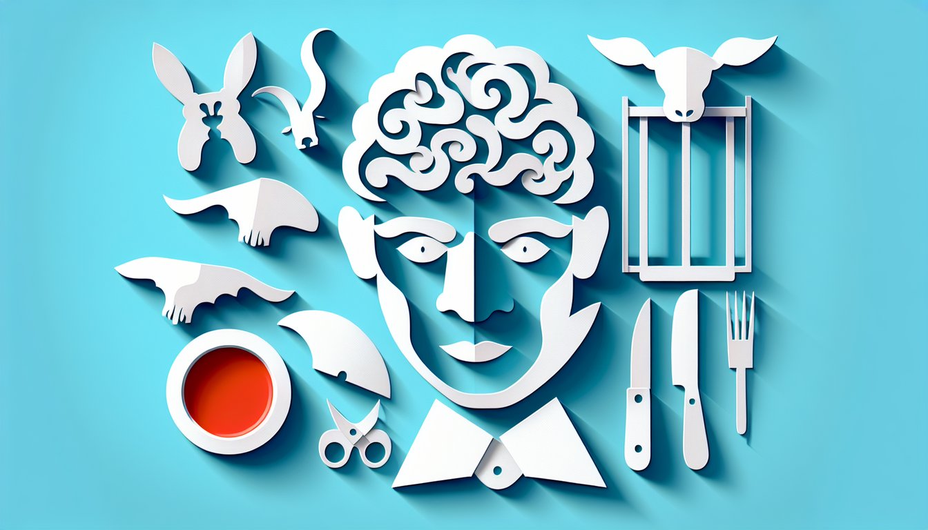 Paper art quiz illustration revealing which Silence of the Lambs character matches personality on a sky blue background