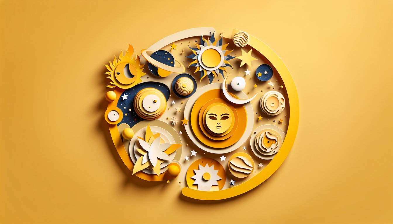 Paper art collage of cosmic planets stars and question marks around quiz title on golden yellow background