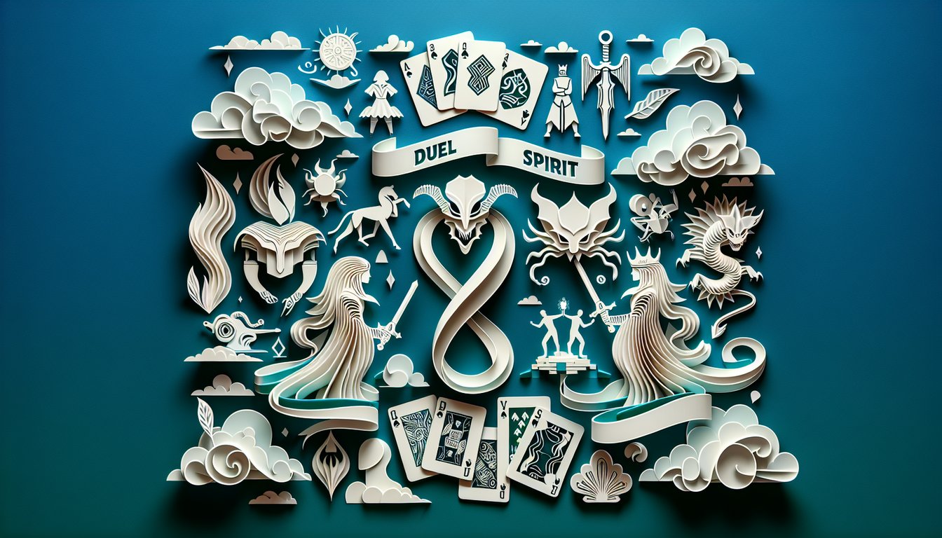 Paper art monster cards and duel disk icons on teal background with quiz prompt testing your duel spirit and monster ego