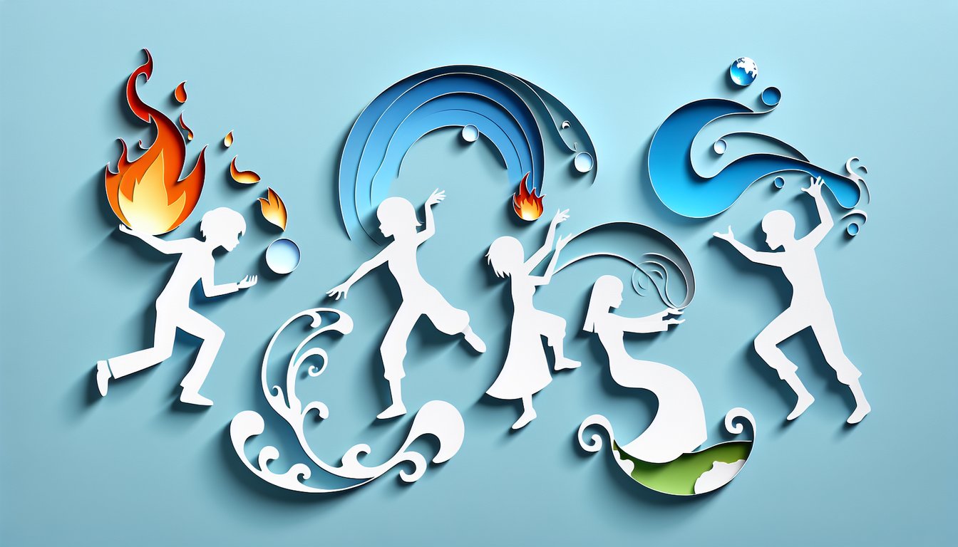 Paper art illustration for Avatar The Last Airbender character quiz on sky blue background