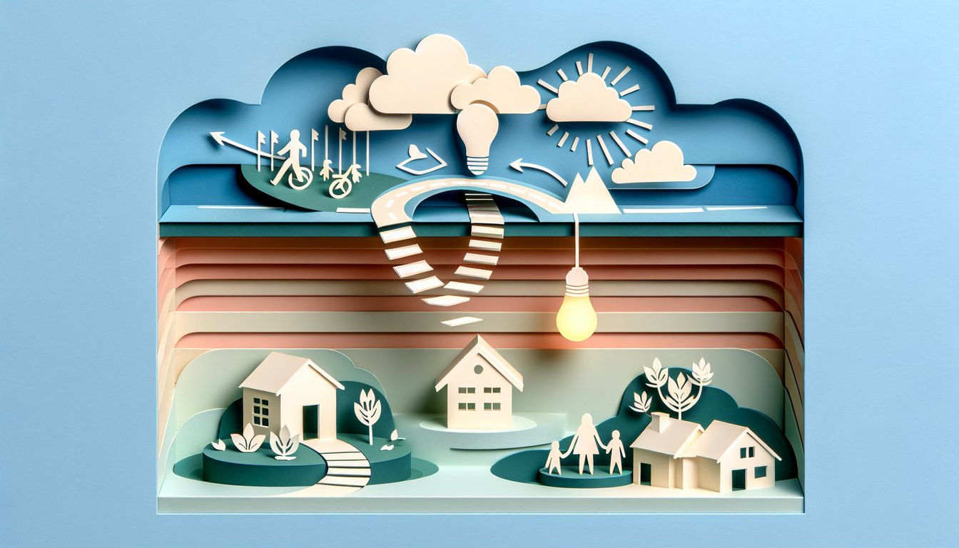 Paper art illustration of parents and child separated by torn paper line on sky blue background