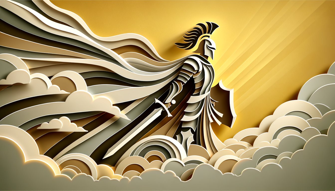 Paper art illustration for Berserk character quiz on a golden yellow background
