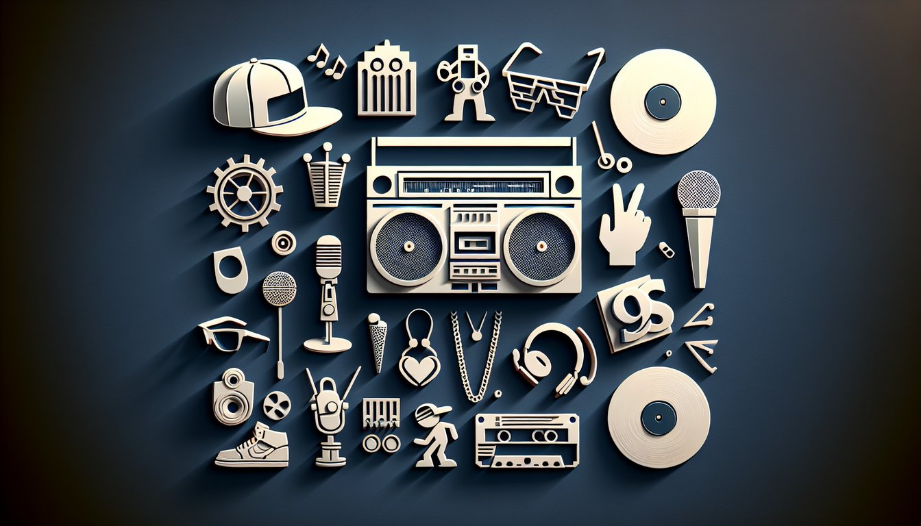 Paper art illustration 90s hip hop boombox microphone vinyl headphones graffiti quiz text on dark blue background
