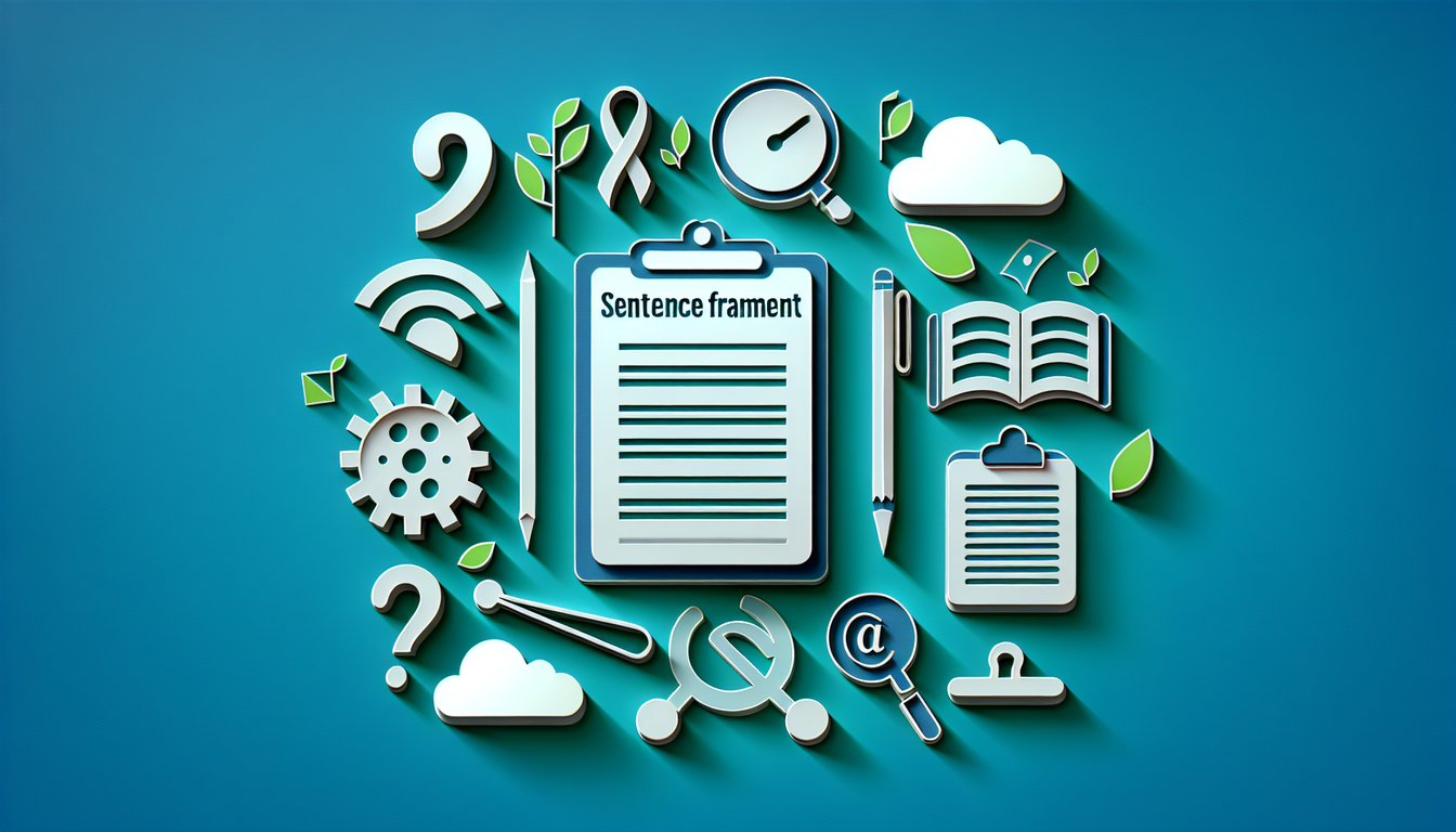 Paper art illustration for a sentence fragment quiz on a teal background