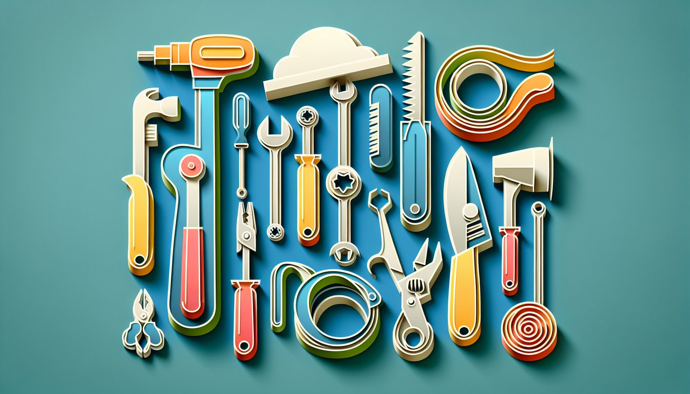 Paper art illustration of tools and symbols representing trade career paths on a teal background for a free quiz.