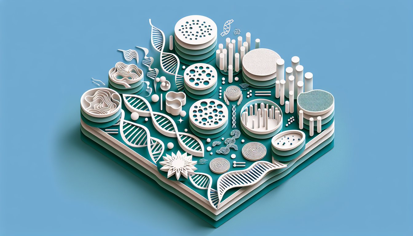Paper art illustration for Biology Questions Quiz featuring cells, DNA, ecosystems on teal background