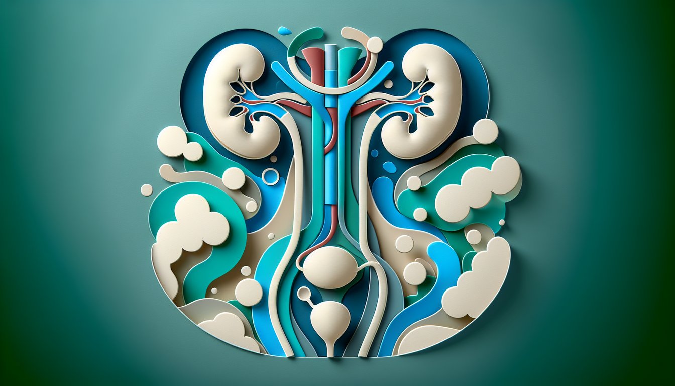 Paper cut kidneys ureters bladder layered on teal background with labels for kidney function ureter flow and bladder anatomy