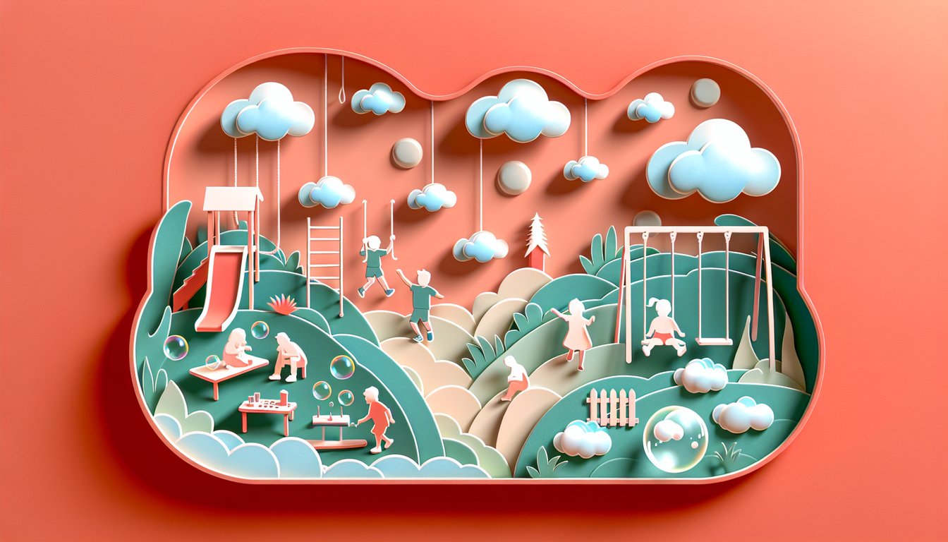 Paper art illustration showing playful toys balloons crayons swirling shapes on coral background for age regression quiz