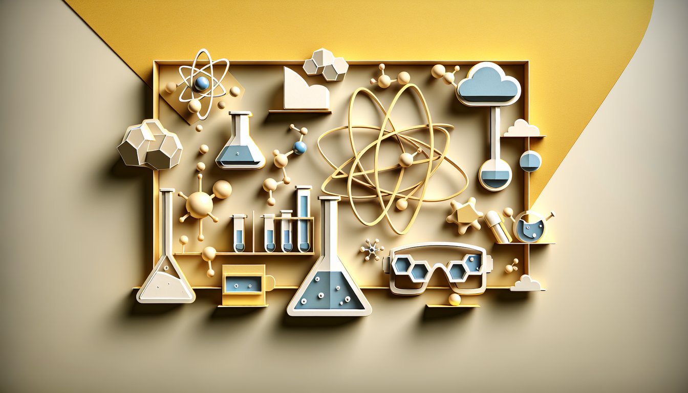 Paper art chemistry quiz layout with ionic compounds question on golden yellow background
