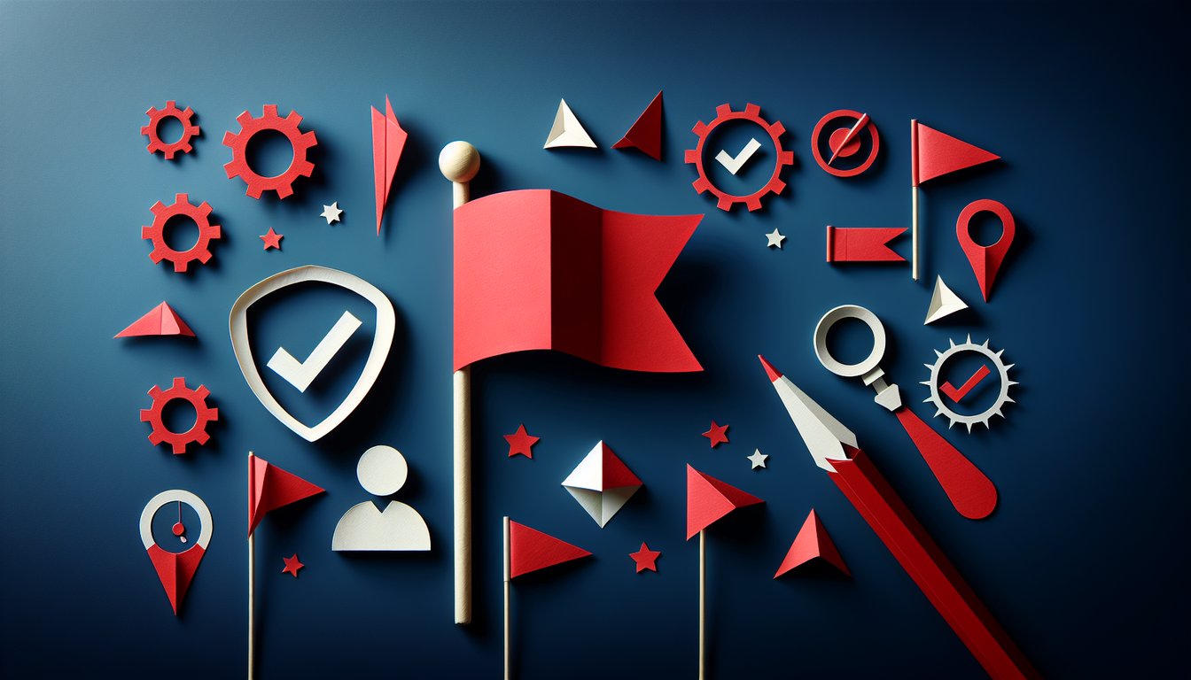 Colorful paper art depicting questions and answers for a Client Red Flags Identification Quiz.
