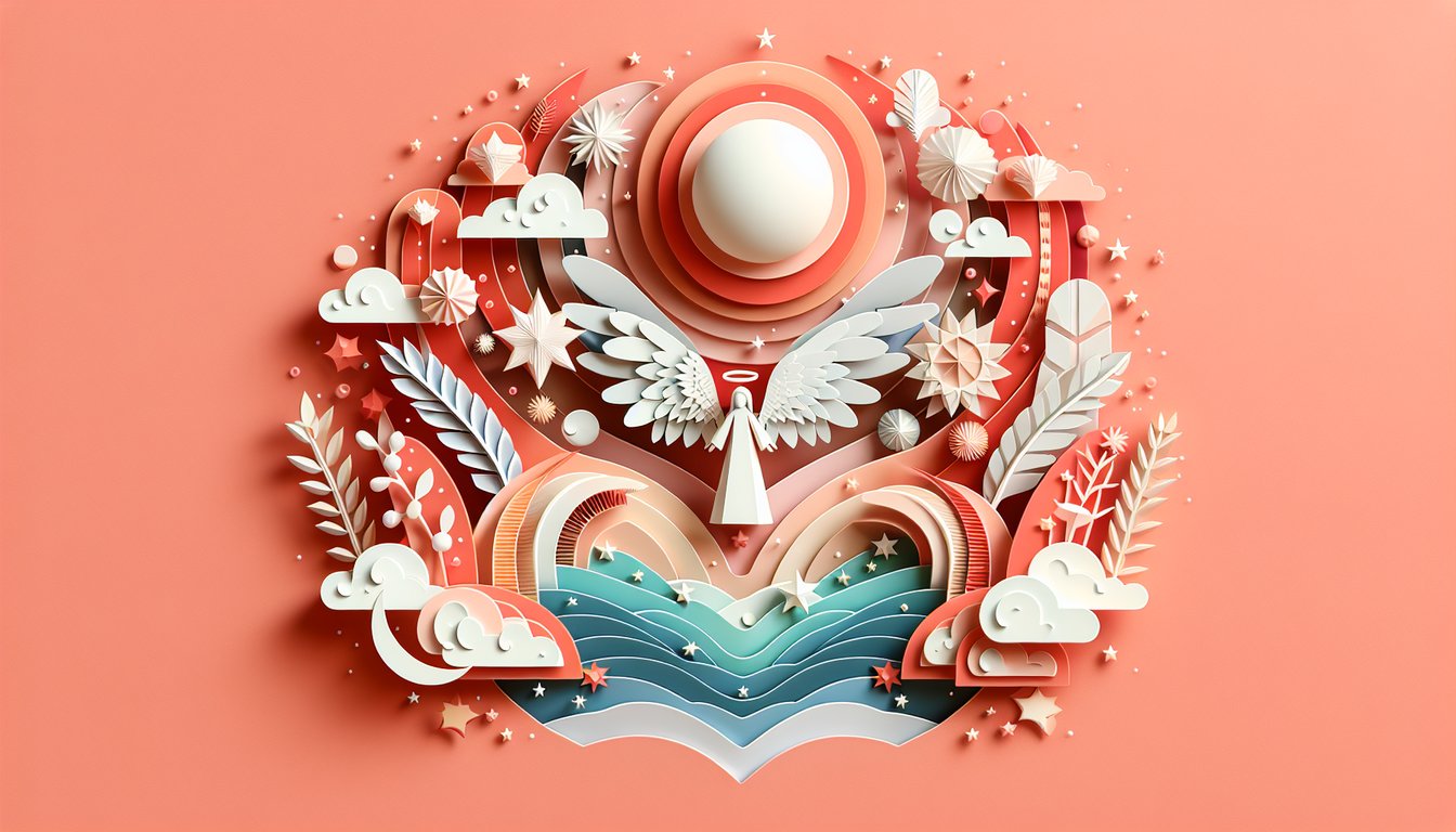Paper art illustration for angel number quiz on a coral background