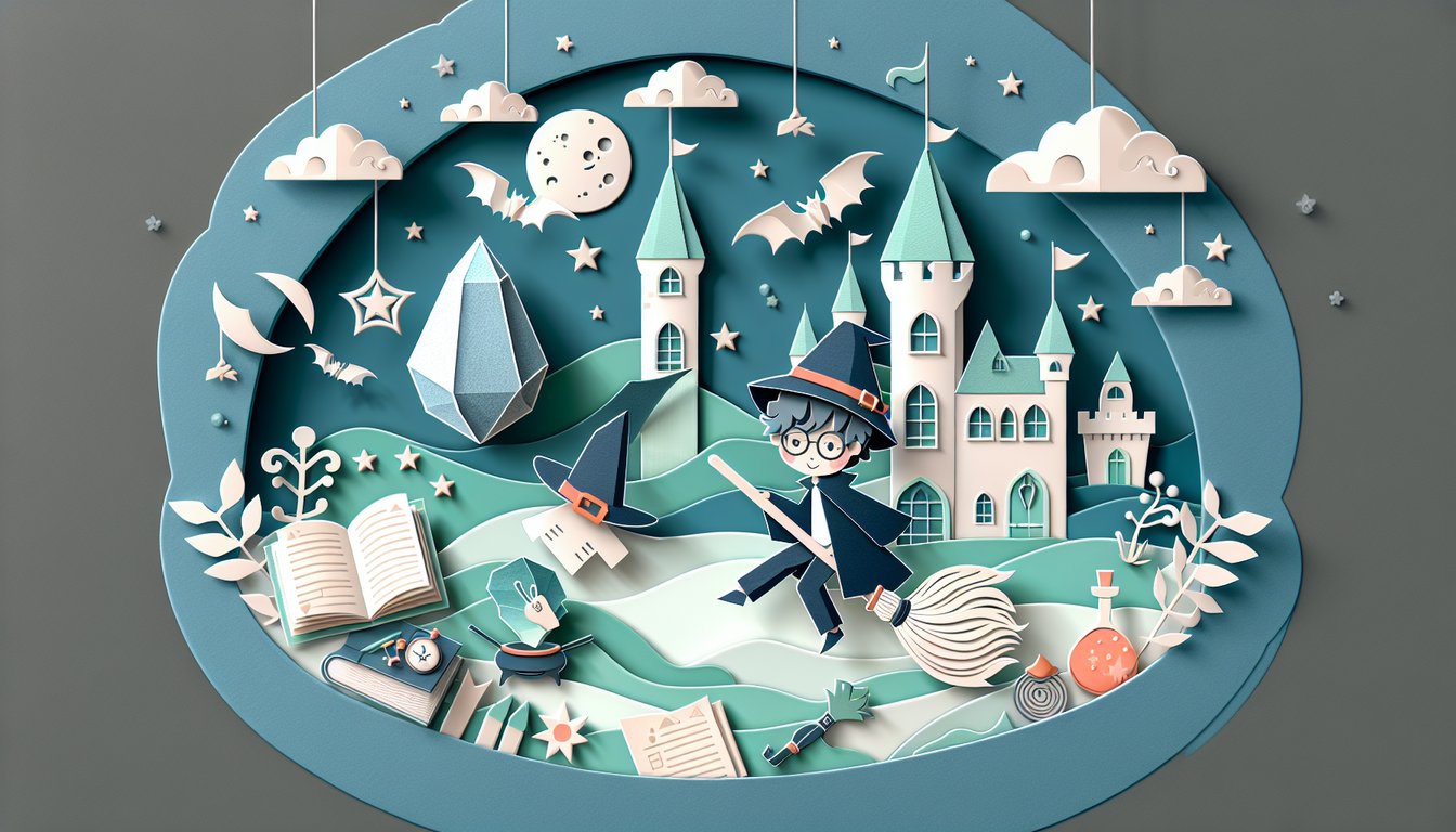 Paper art illustration for Harry Potter Sorcerers Stone quiz on teal background