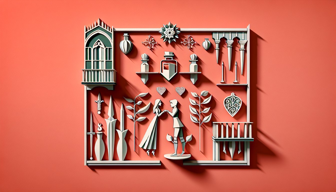 Paper art heart shaped pages with Romeo Juliet quiz MCQs on famous lines characters and plot twists on coral background.