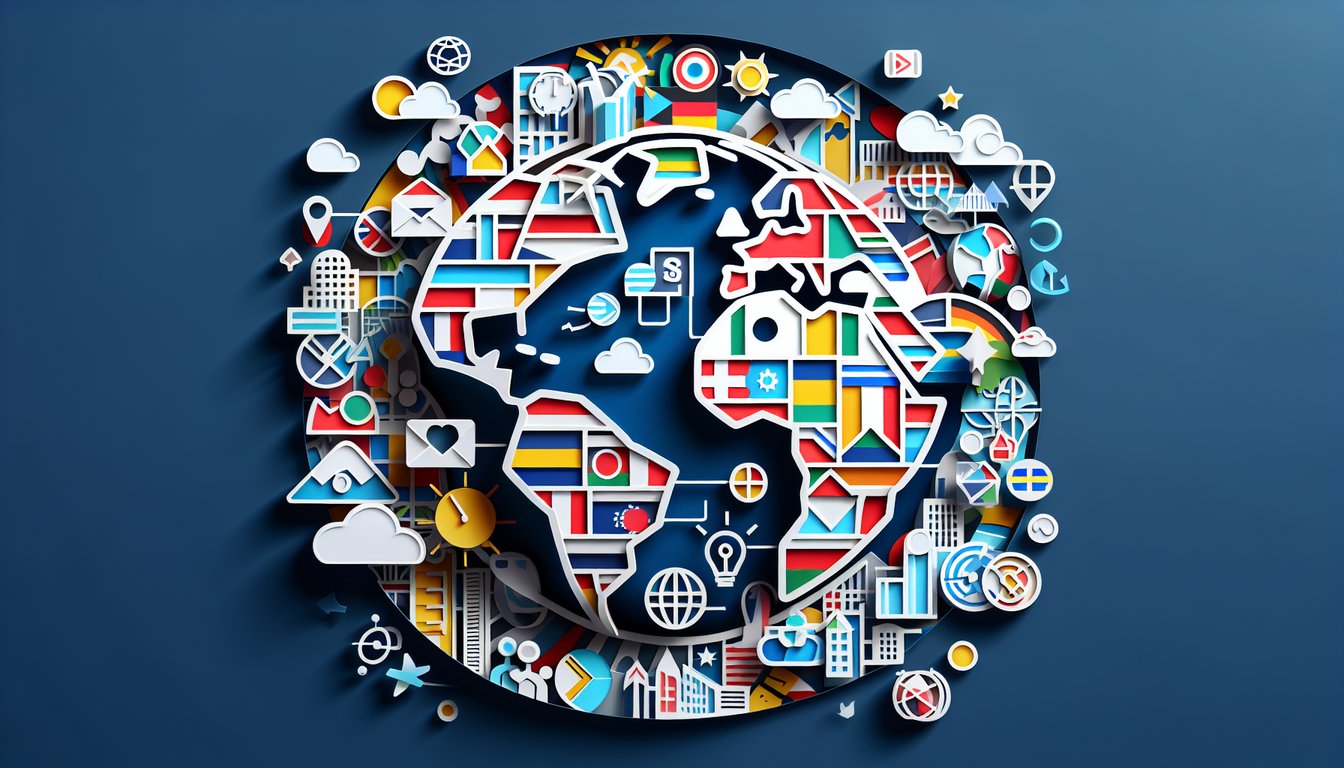 Paper art world map and quiz elements on dark blue background illustrating global connections and trends