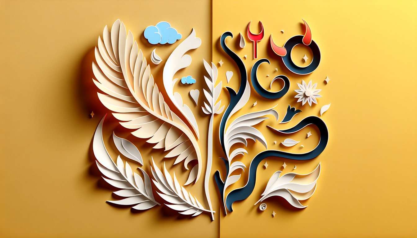 Paper art scene with angelic and devilish figures, golden yellow background, moral quiz alignment