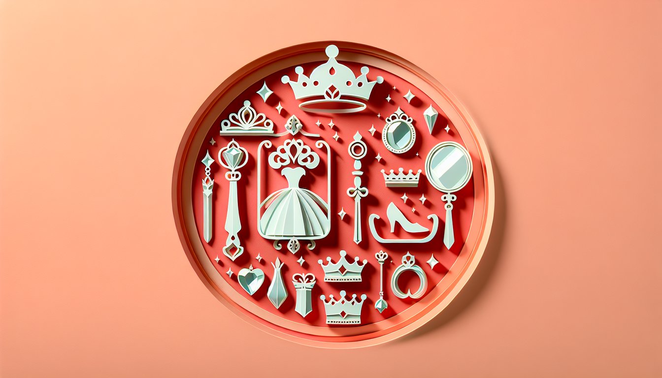 Paper art princess silhouettes crowns flowers on coral background inviting discovery of Disney Princess alter ego quiz