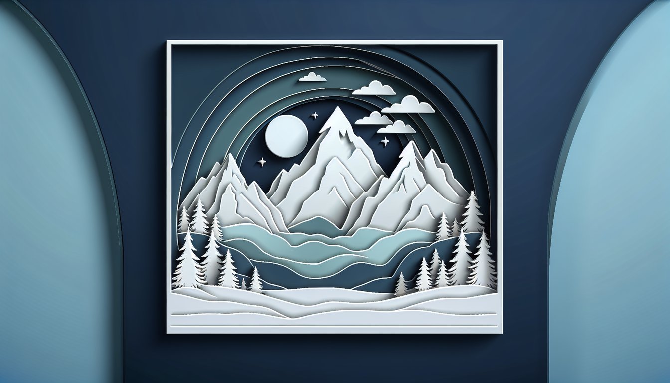 Paper art illustration showing mountain peaks, open book with vocabulary quiz title on dark blue background.