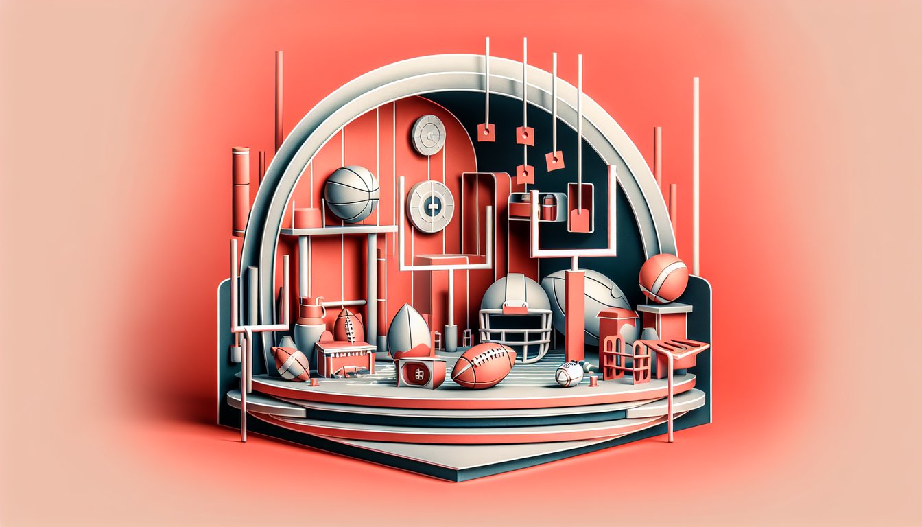 Paper art football icons including helmet and ball on coral background with quiz prompt to find your NFL team match