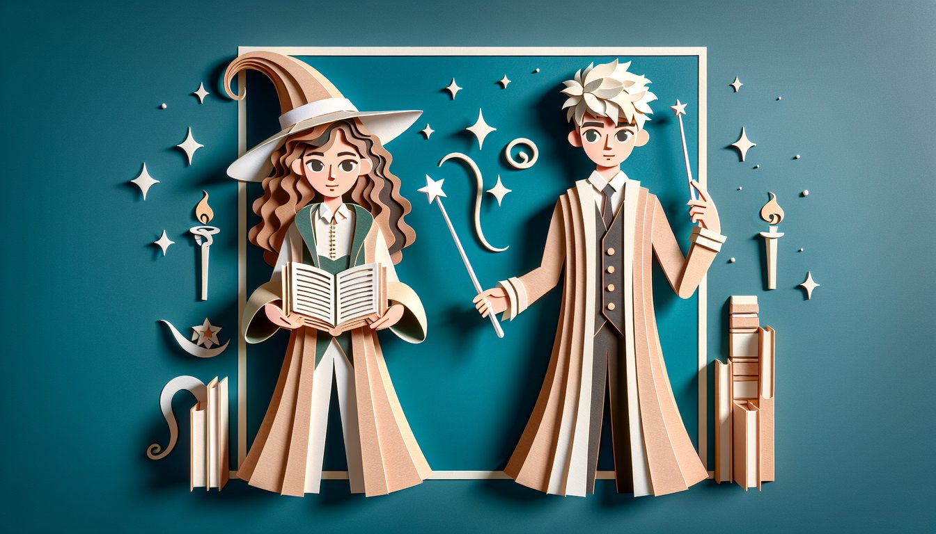 Paper art illustration of Draco Malfoy and Hermione Granger for free Dramione quiz on teal background