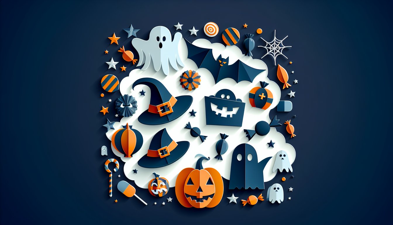 Colorful paper art depicting Halloween elements for a trivia quiz.