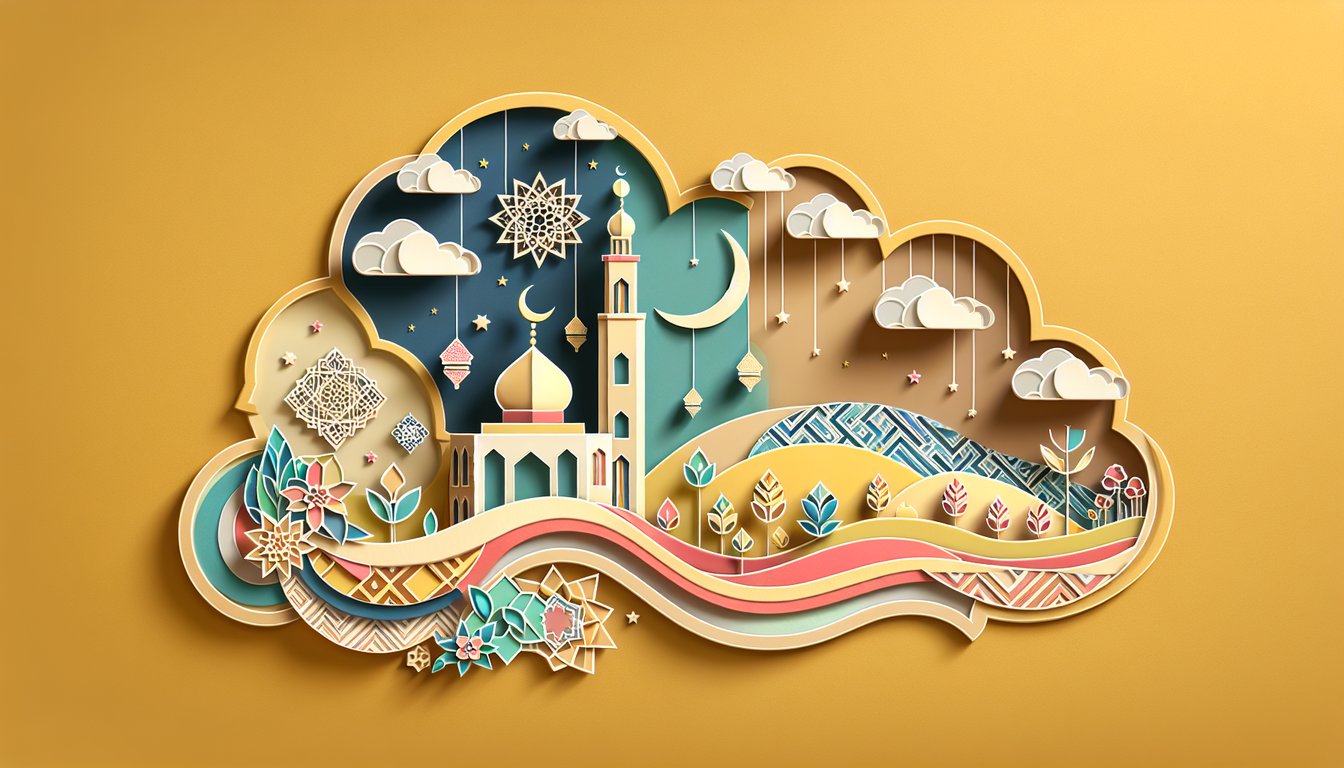Paper art illustration for Islam Quiz testing knowledge about Islamic facts, traditions, and culture on a golden yellow background.